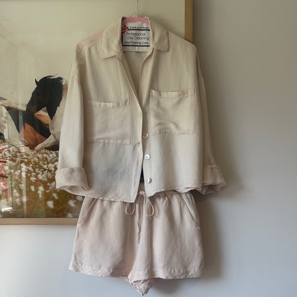 Pink Linen Two-Piece Button Shirt & Drawstring Shorts Set